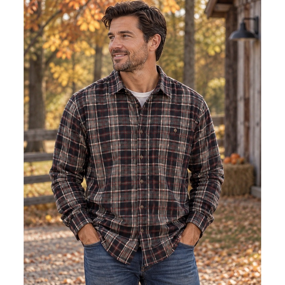 Blue Mountain Men's 2XL Plaid Flannel Button-Up Shirt Gray Black Red 100% Cotton